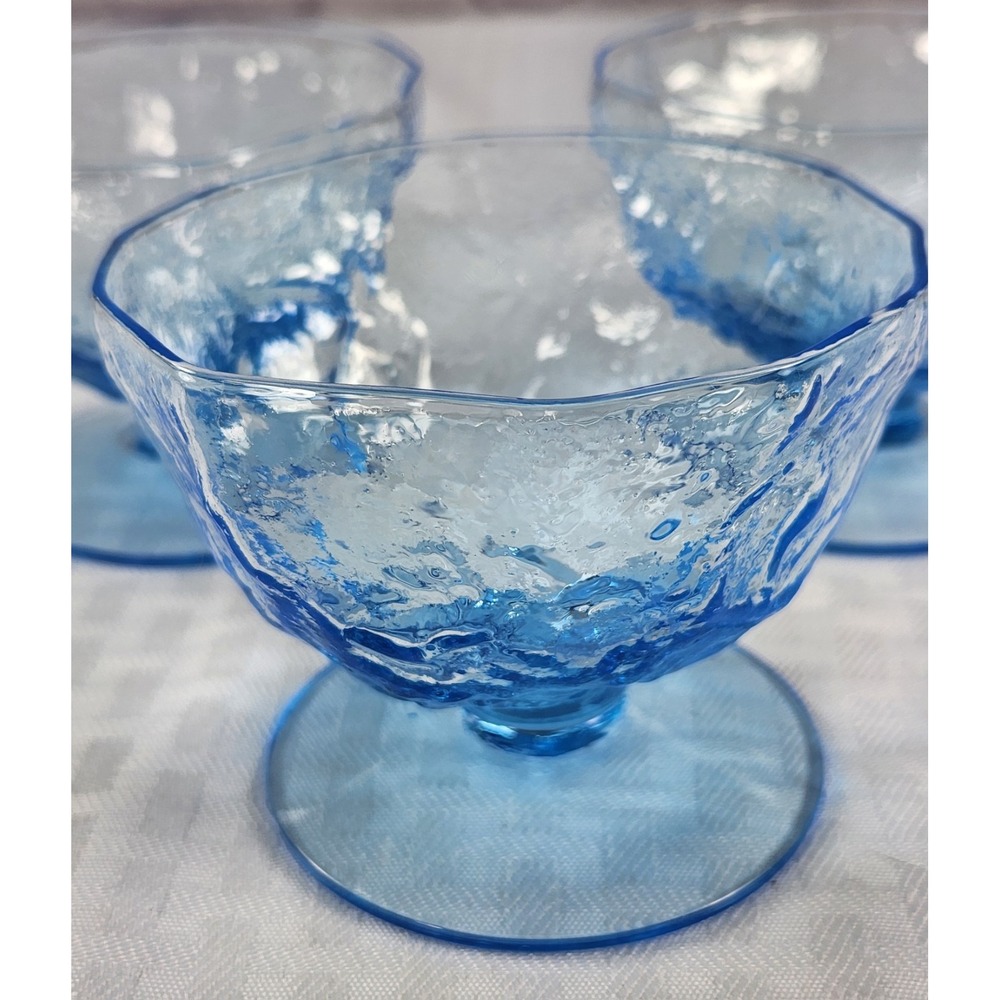 Morgantown Crinkle Glass Seneca Driftwood Sky Blue Sherbet Custard Bowls Set 3